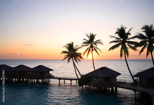 Tropical island resort with tree. Sunset over the beach