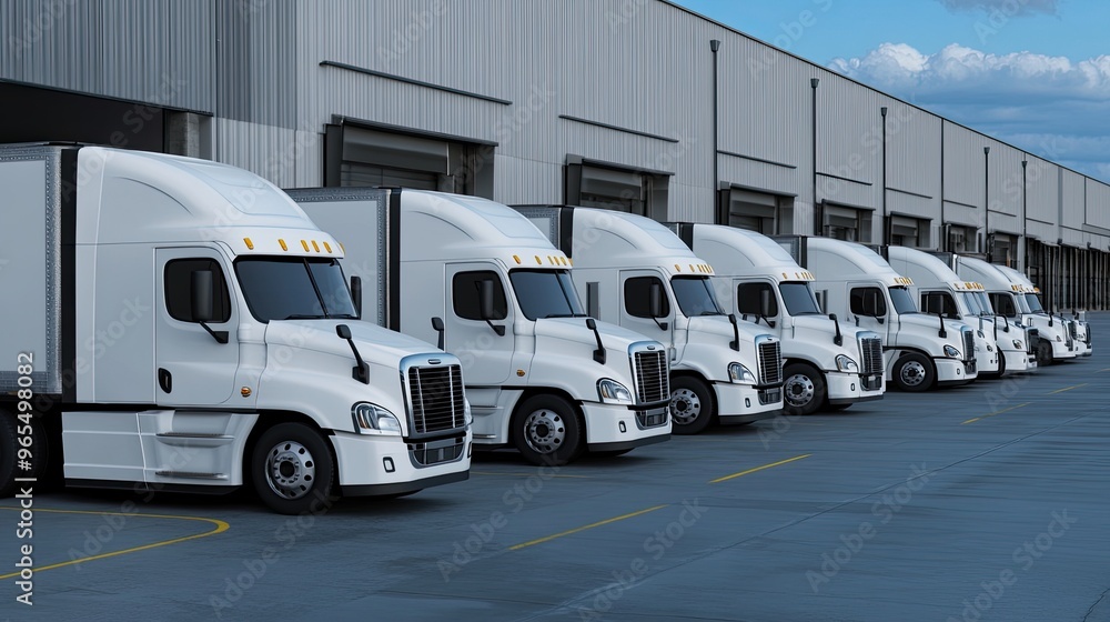 A lineup of white trucks is parked neatly outside a warehouse under daylight, showcasing high-quality 3D rendering techniques. The scene emphasizes industrial transportation A lineup of white trucks is parked neatly outside a warehouse under daylight, showcasing high-quality 3D rendering techniques. The scene emphasizes industrial transportation