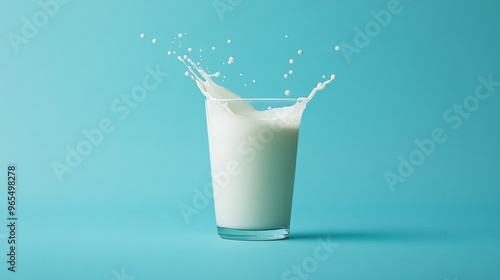 Playfully splashing milk in a glass, the droplets forming whimsical shapes against a brightly colored background