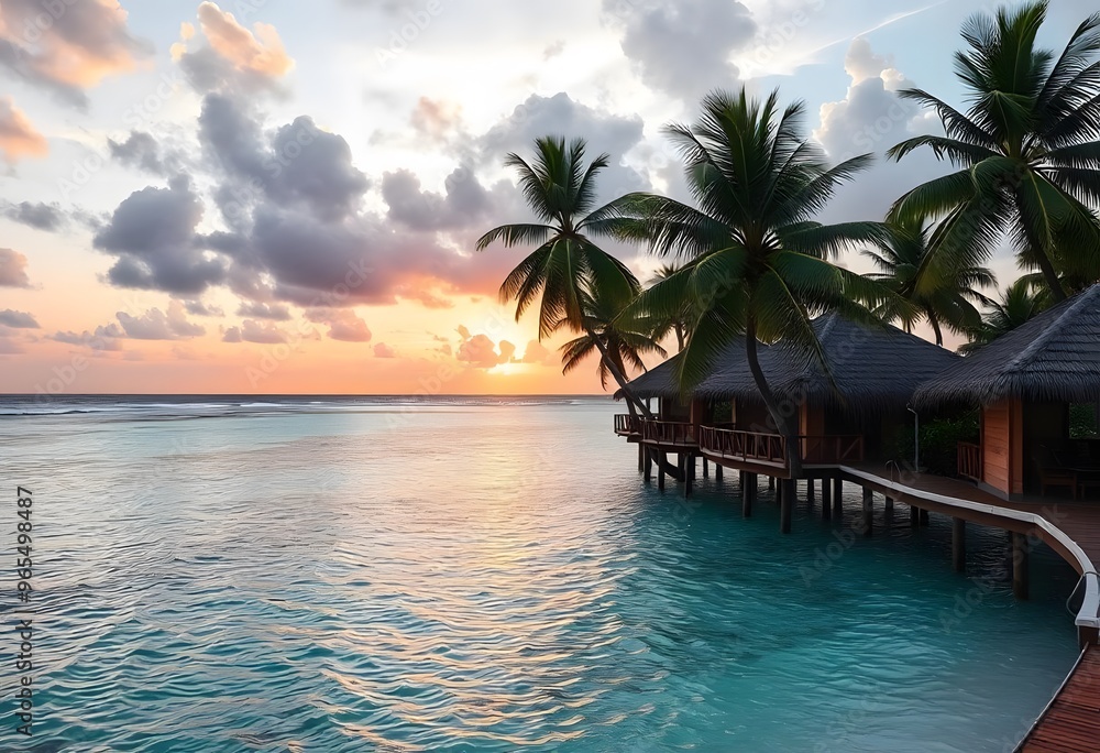 Fototapeta premium Tropical island resort with tree. Sunset over the beach