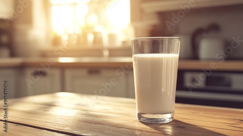 An elegant kitchen with a polished wooden table, displaying milk on it