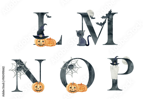 Vector watercolor halloween letters for invitations, greeting card, birthday, logo, poster and other.