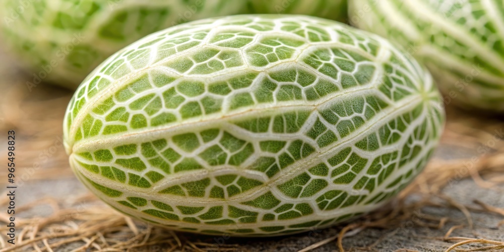 Obraz premium A delicate, lacy pattern of green and white veins crisscrosses the surface of a plump, pale beige toe bean, its shape reminiscent of a miniature melon.