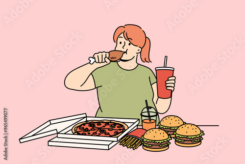 Woman eats fast food and drinks soda, becoming addicted to harmful calories. Uncontrolled consumption of fast food causes obesity in girl who needs diet and willpower to lose weight