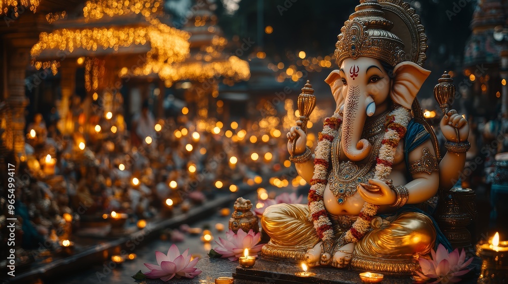 Obraz premium Ganesha Statue Hindu God Idol Deity with Lotus Flower and Candles