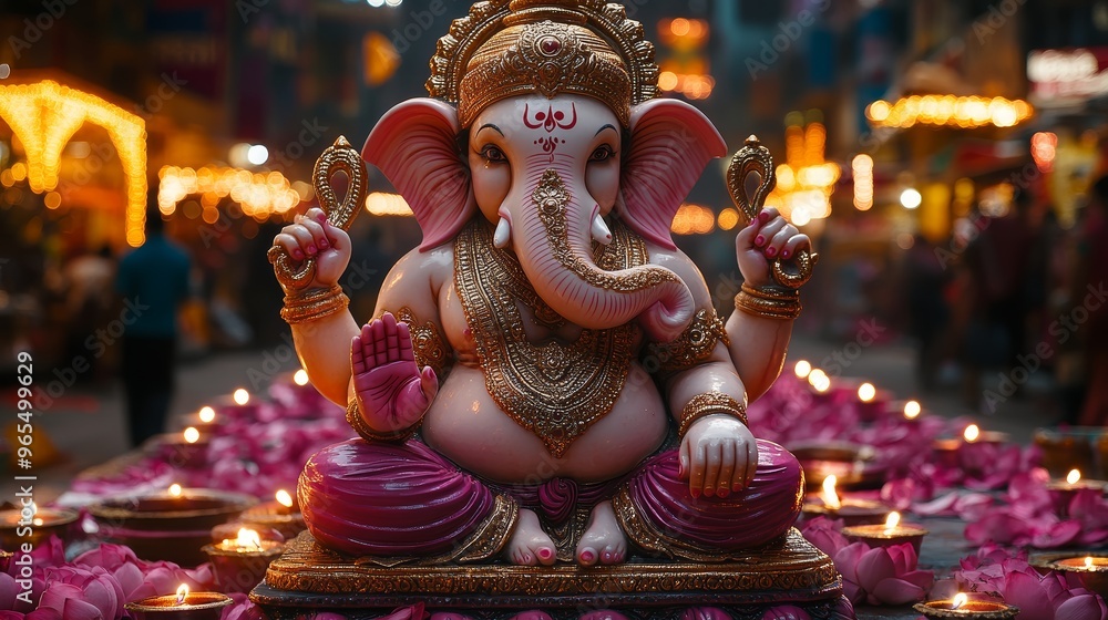 Fototapeta premium Ganesha Statue with Burning Diyas and Lotus Petals