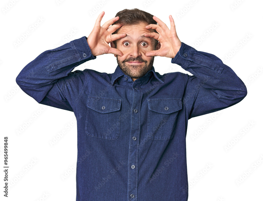 Studio portrait of young Hispanic male keeping eyes opened to find a success opportunity. Studio portrait of young Hispanic male keeping eyes opened to find a success opportunity.