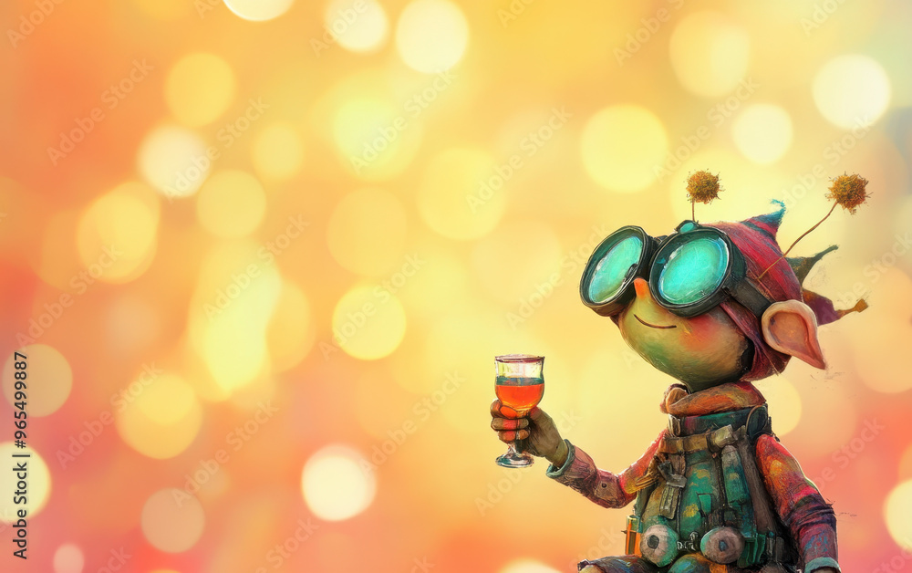 Fototapeta premium Whimsical robot character with large glasses holding a drink, surrounded by a cheerful bokeh background, creating a playful atmosphere.