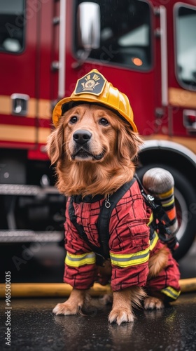 A firefighter dog sits in front of a fire truck in a yellow helmet and red uniform photo