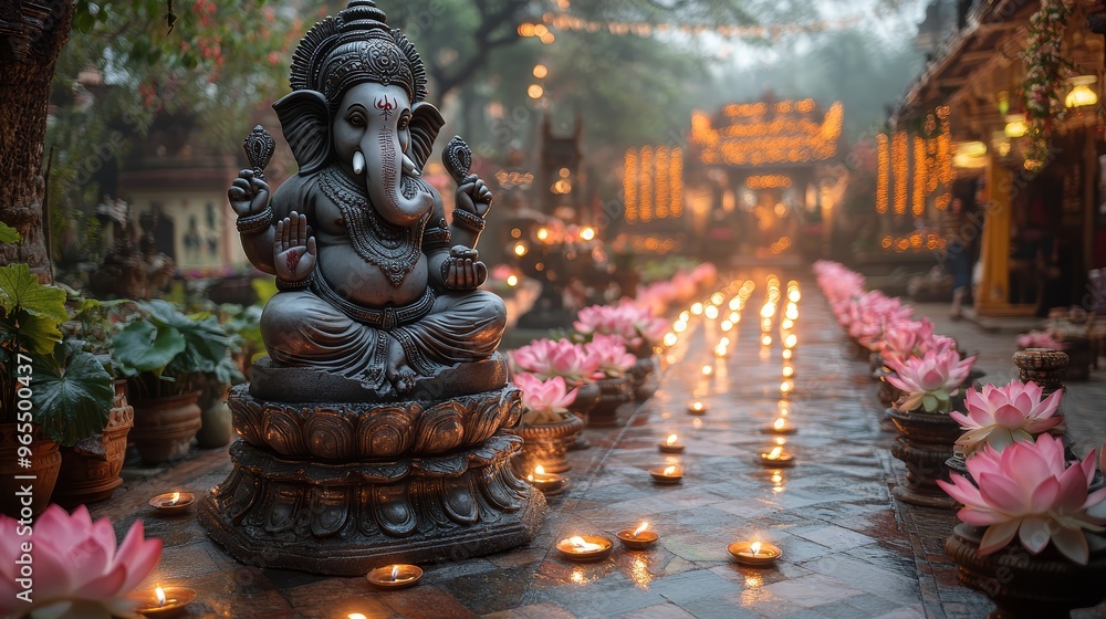 Ganesh Statue with Lotus Flowers and Candles in Temple Ganesh Statue with Lotus Flowers and Candles in Temple
