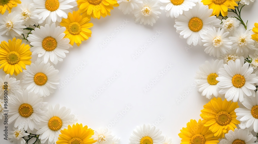 Chic Floral Wreath of Yellow and White Daisies Isolated on a Bright Background, Featuring Space for Customized Text for Invitations, Announcements, or Marketing Chic Floral Wreath of Yellow and White Daisies Isolated on a Bright Background, Featuring Space for Customized Text for Invitations, Announcements, or Marketing