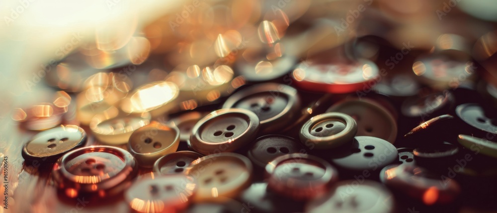 Close-up of various colorful buttons scattered artistically, creating a warm and nostalgic visual with soft light reflections. Close-up of various colorful buttons scattered artistically, creating a warm and nostalgic visual with soft light reflections.