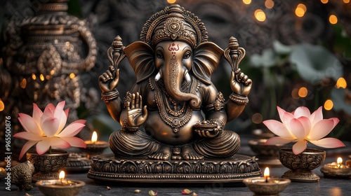 Lord Ganesha Statue with Lotus Flowers and Diyas