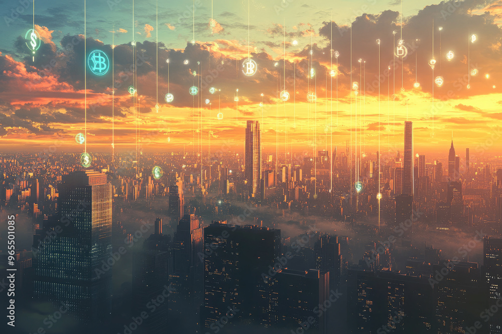 Fototapeta premium Futuristic cityscape at sunset with currency symbols in the sky, showcasing the global economy and urban skyline at night