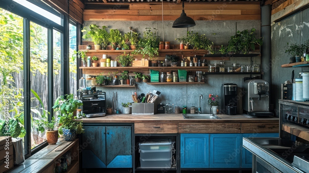 Rustic kitchen with wood and metal elements, shelves filled with herbs and spices, and a large window overlooking greenery. Rustic kitchen with wood and metal elements, shelves filled with herbs and spices, and a large window overlooking greenery.
