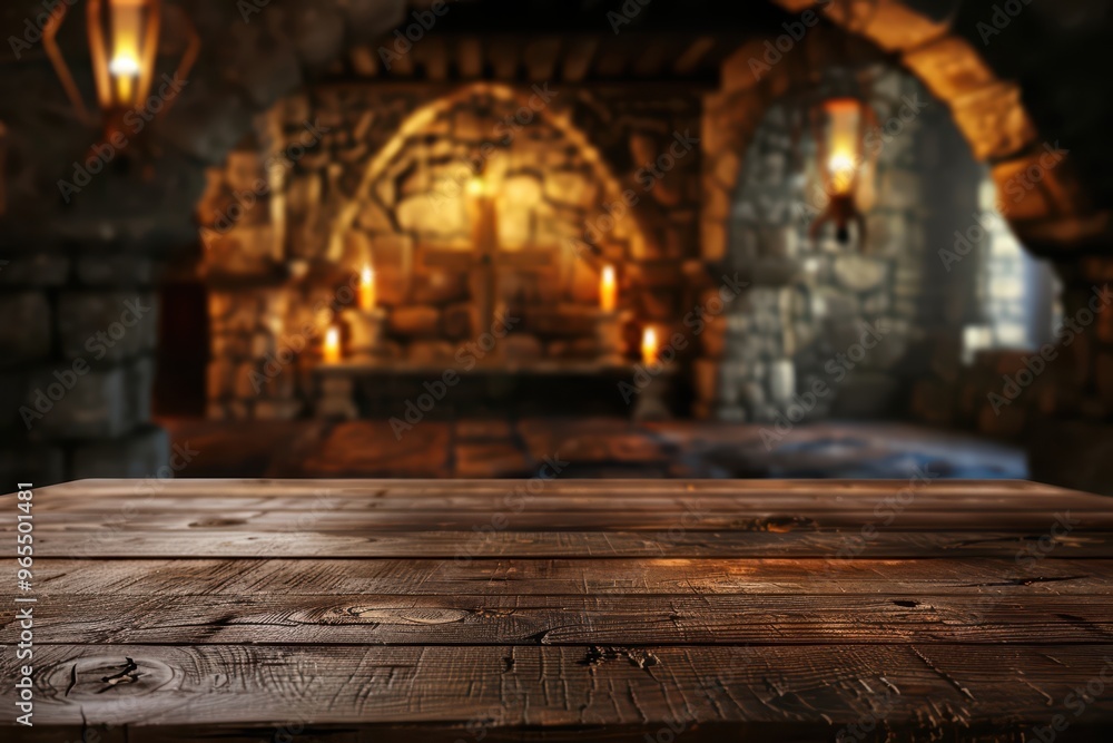 A rustic wooden table in a dimly lit stone room, perfect for creating a medieval or fantasy atmosphere. A rustic wooden table in a dimly lit stone room, perfect for creating a medieval or fantasy atmosphere.