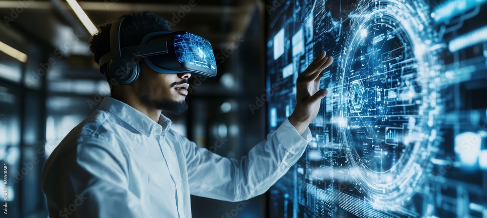 Man Exploring Virtual Reality Using a VR Headset, Interacting with a Holographic User Interface Man Exploring Virtual Reality Using a VR Headset, Interacting with a Holographic User Interface