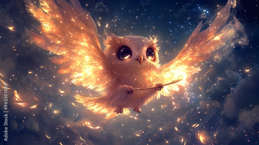 Charming Fairy Owl, a whimsical chibi owl with luminous pastel wings soaring through a dreamy landscape filled with soft colors and magical ambiance Charming Fairy Owl, a whimsical chibi owl with luminous pastel wings soaring through a dreamy landscape filled with soft colors and magical ambiance