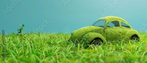 A small car fully covered in grass sits in the middle of a lush field, illustrating a fusion of nature and technology.