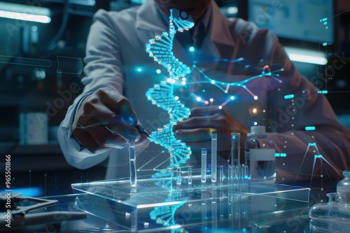 A scientist examines DNA structure in a modern laboratory, showcasing advanced research and technology in genetics. photo