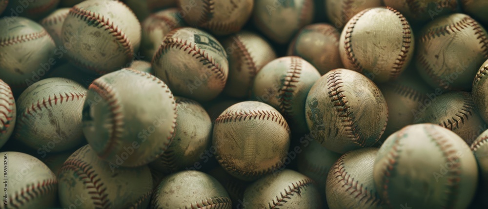 A nostalgic collection of worn baseballs, each with unique scuffs and markings, piled together to evoke a sense of shared history and countless games. A nostalgic collection of worn baseballs, each with unique scuffs and markings, piled together to evoke a sense of shared history and countless games.