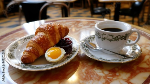 The Parisian breakfast features a fresh baguette with butter and jam, a croissant with a soft-boiled egg, and a café au lait. photo