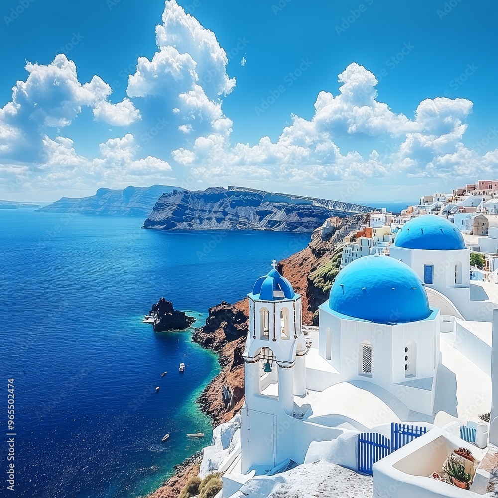 Fototapeta premium Scenic Santorini Whitewashed Houses with Blue Domes Perched on Cliffs, Aegean Sea, Greece