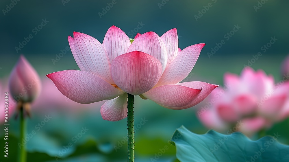 Obraz premium Pink Lotus Flower in Bloom with Green Leaves