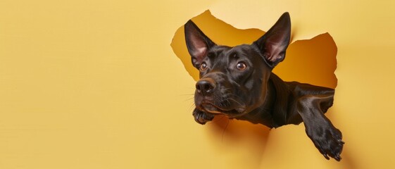 A curious black dog playfully peeks through a hole in a vibrant yellow wall, bringing an element of surprise and joy.