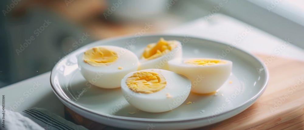 A simple yet appetizing presentation of hard-boiled eggs sliced in half, placed on a white plate in a cozy kitchen setting, ready to be enjoyed. A simple yet appetizing presentation of hard-boiled eggs sliced in half, placed on a white plate in a cozy kitchen setting, ready to be enjoyed.