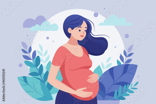 A pregnant woman gently cradles her belly with a serene expression, surrounded by soft blue and green elements in a peaceful environment