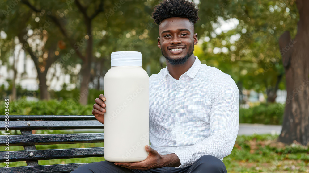 Young man holding a large reusable water bottle with motivationa Young man holding a large reusable water bottle with motivationa