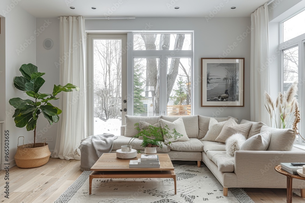 Scandinavian Living Room A bright, minimalist living room with white walls, light wood flooring, and a grey fabric sofa. Add a simple coffee table, a large green plant in the corner, and a white rug. Scandinavian Living Room A bright, minimalist living room with white walls, light wood flooring, and a grey fabric sofa. Add a simple coffee table, a large green plant in the corner, and a white rug.