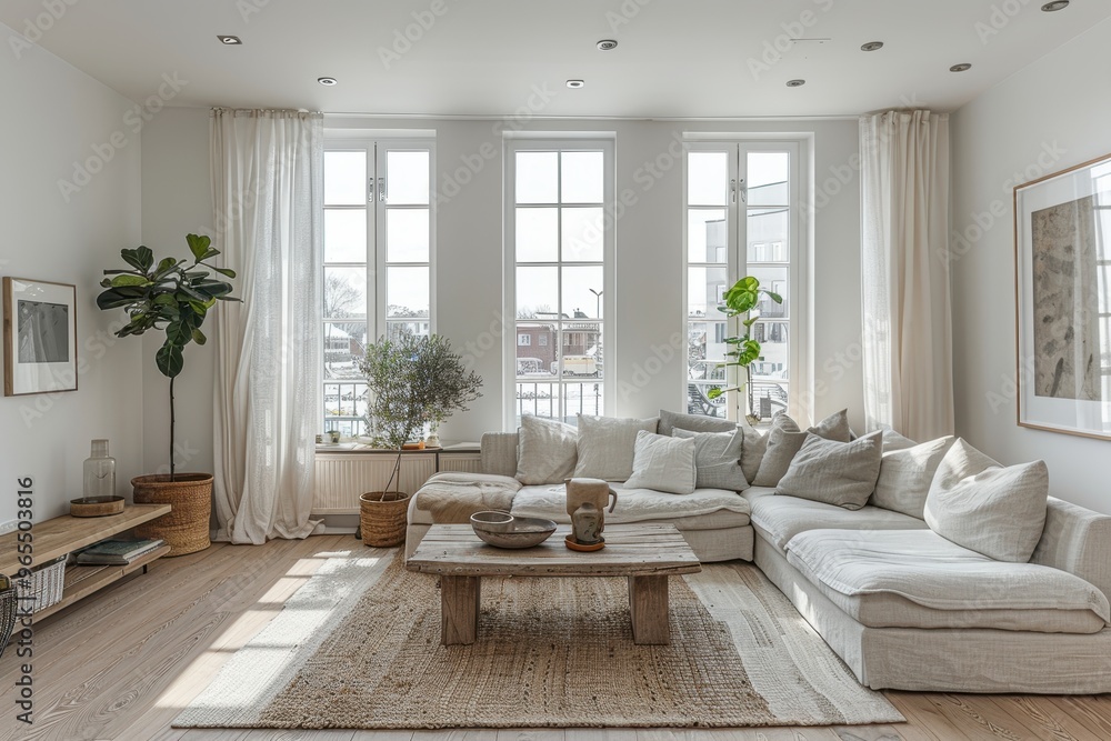 Fototapeta premium Scandinavian Living Room A bright, minimalist living room with white walls, light wood flooring, and a grey fabric sofa. Add a simple coffee table, a large green plant in the corner, and a white rug.