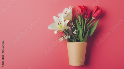 White lily and red tuilip flower on paper bouquet no plastic disposable container photo