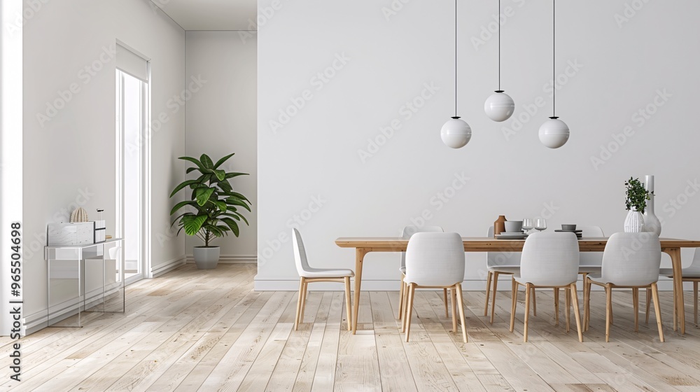 Fototapeta premium Elegant minimalist dining area with modern furnishings and a focus on clean, simple design. With copy space for text