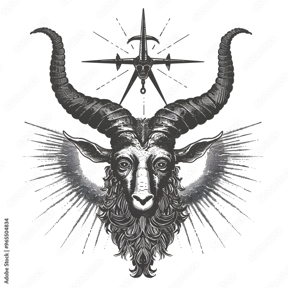Obraz premium Detailed goat head illustration with majestic horns, radiant rays, and a hanging star symbolizing mysticism, occult power, spirituality, gothic art, and esoteric symbolism in sacred themes 