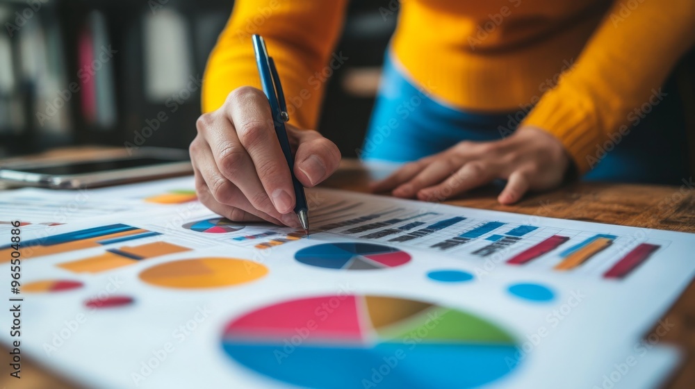 A close-up of a person analyzing charts and graphs with a pen on a wooden table, showcasing data and insight collection.