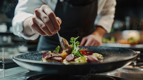 A chef carefully garnishes an elegant dish in a modern kitchen, showcasing culinary art and attention to detail. photo