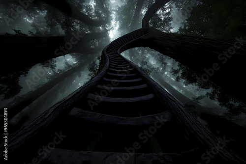 A mystical spiraling staircase ascends into the canopy of a foggy forest, creating an immersive fantasy-like pathway that evokes mystery and enchantment. photo