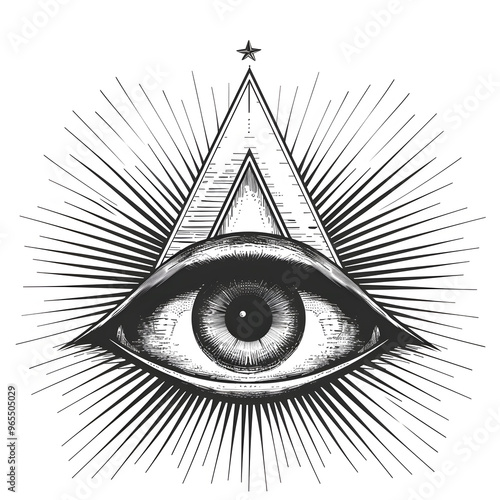  Illuminati all-seeing eye symbol with triangle and rays, representing enlightenment, mysticism, occult symbolism, secret societies, and conspiracy theories photo