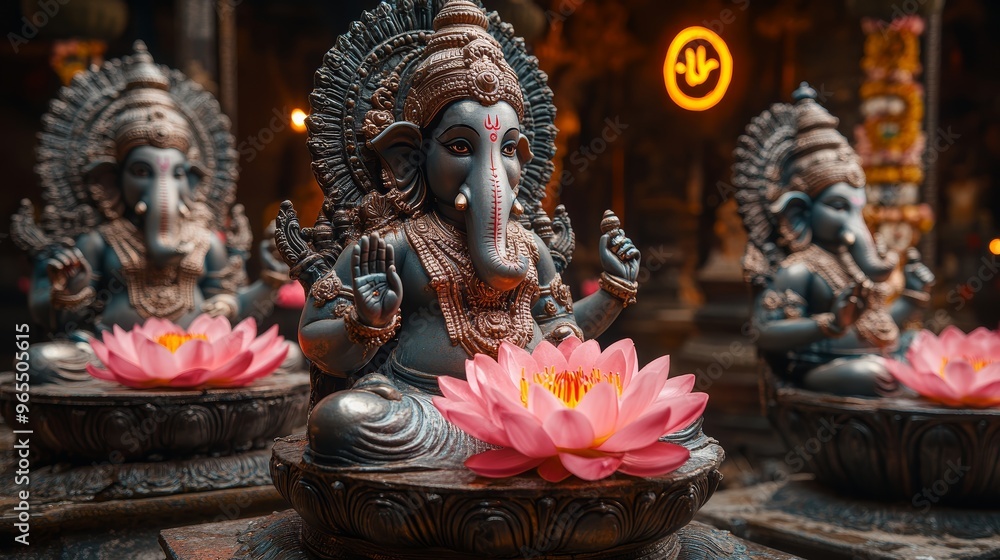 Ganesha Statue with Lotus Flowers in Hindu Temple Ganesha Statue with Lotus Flowers in Hindu Temple