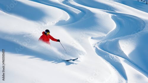 A person skiing down a snowy slope in an orange jacket, AI photo