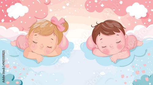 Adorable Newborn Baby Boy and Girl Banner Template with Text Space