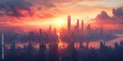 Fiery red sunset over nyc skyline, reflecting in water, creating mesmerizing view of urban architecture at dusk. Aerial view showcases impressive buildings, including one world trade center