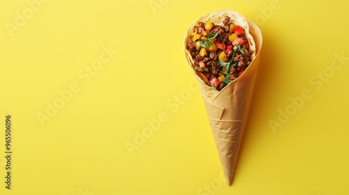 Buritto with vegetable and flat bread on paper wrapped delivery copy space background