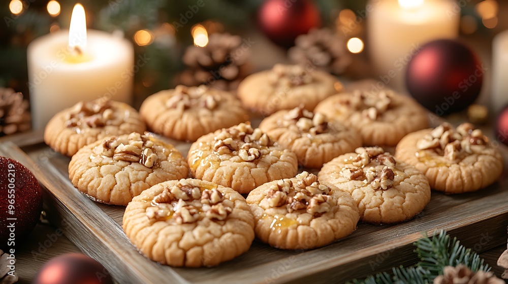 A beautifully arranged tray of Greek Melomakarona cookies, golden brown and soaked in honey, sprinkled with crushed walnuts, A beautifully arranged tray of Greek Melomakarona cookies, golden brown and soaked in honey, sprinkled with crushed walnuts,