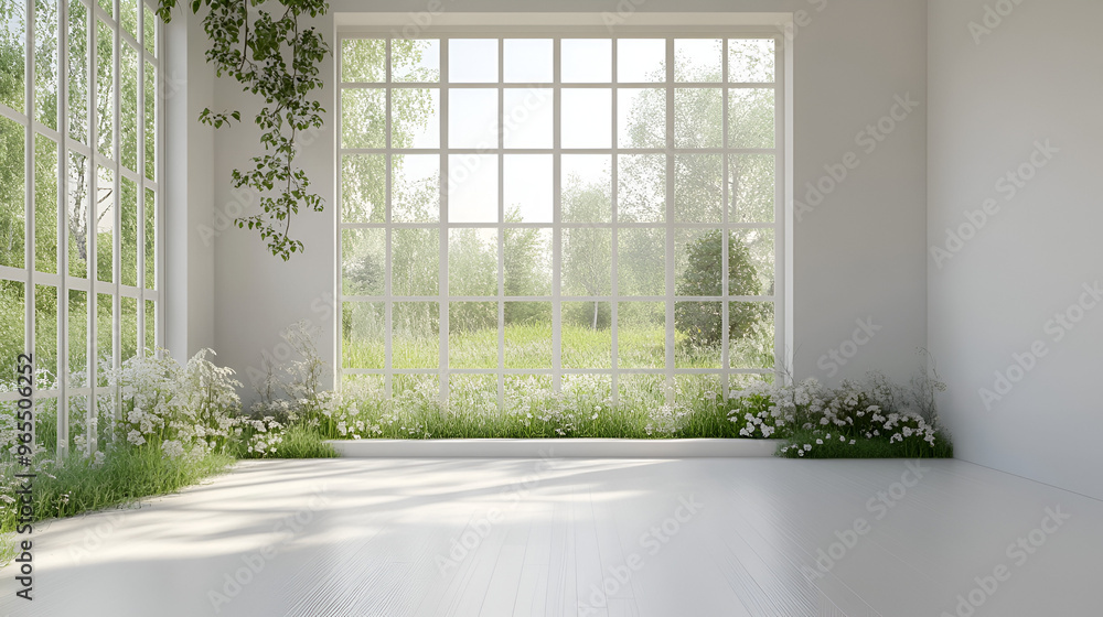 Fototapeta premium A white, empty room with a view of a summer landscape