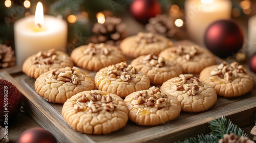 A beautifully arranged tray of Greek Melomakarona cookies, golden brown and soaked in honey, sprinkled with crushed walnuts,