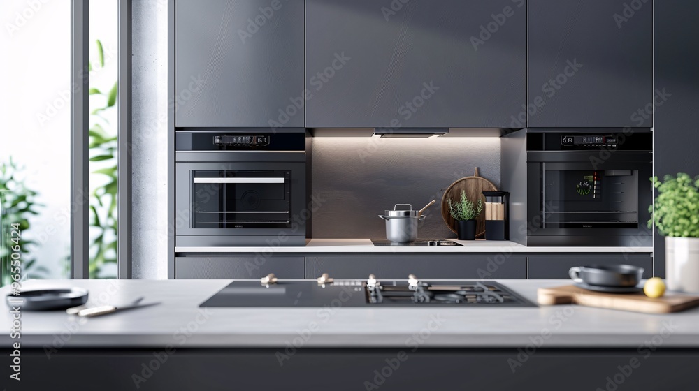 Detailed shot of a minimalist kitchen interior with sleek, modern appliances and an emphasis on functionality and style. With copy space for text